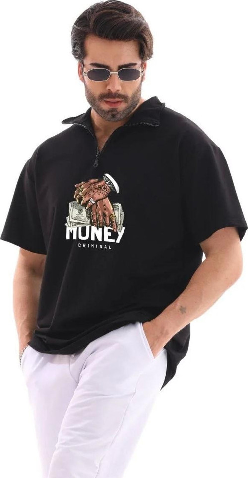 Unisex Yarım Fermuarlı Oversize Baskılı T-Shirt - Siyah