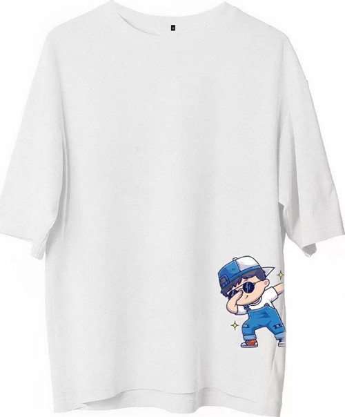 Unisex Bisiklet Yaka Baskılı Oversize T-Shirt - Beyaz