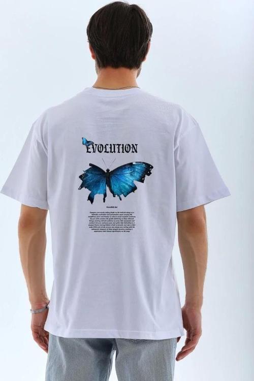 Unisex Bisiklet Yaka Baskılı Oversize T-Shirt - Beyaz