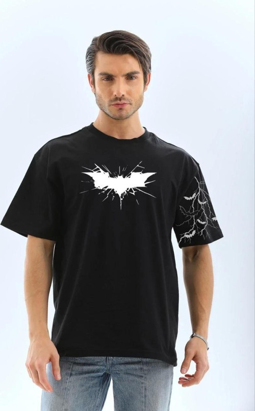 Unisex Ön ve Kol Baskılı Oversize T-shirt - Siyah