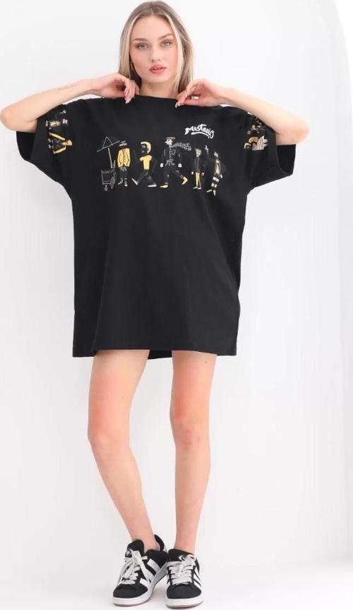 Unisex Bisiklet Yaka Baskılı Oversize T-Shirt - Siyah