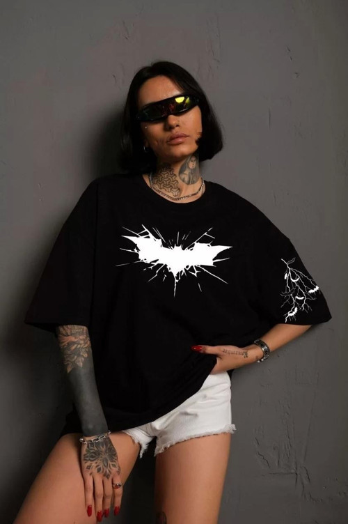 Unisex Ön ve Kol Baskılı Oversize T-shirt - Siyah
