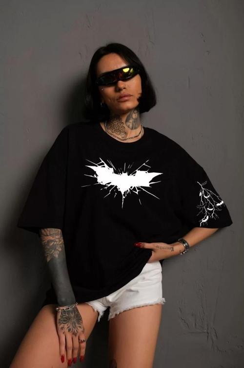 Unisex Ön ve Kol Baskılı Oversize T-shirt - Siyah