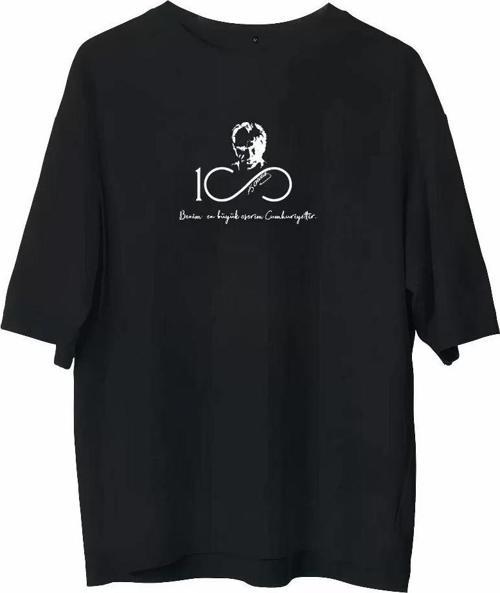 Unisex Bisiklet Yaka Baskılı Oversize T-Shirt - Siyah