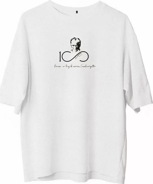 Unisex Bisiklet Yaka Baskılı Oversize T-Shirt - Beyaz