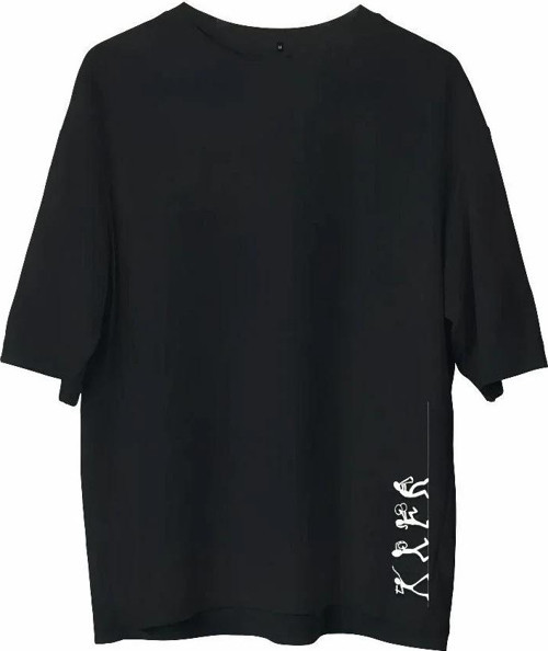 Unisex Bisiklet Yaka Baskılı Oversize T-Shirt - Siyah