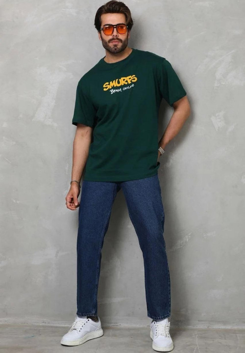 Unisex Basic Bisiklet Yaka Oversize T-Shirt - Yeşil
