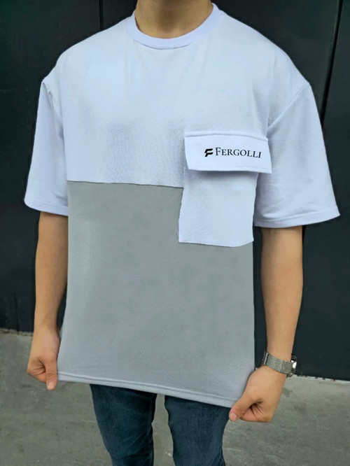 Unisex Torba Cep Detaylı Parçalı T-Shirt - Gri