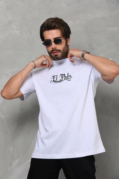 Unisex Bisiklet Yaka Baskılı Oversize T-Shirt - Beyaz