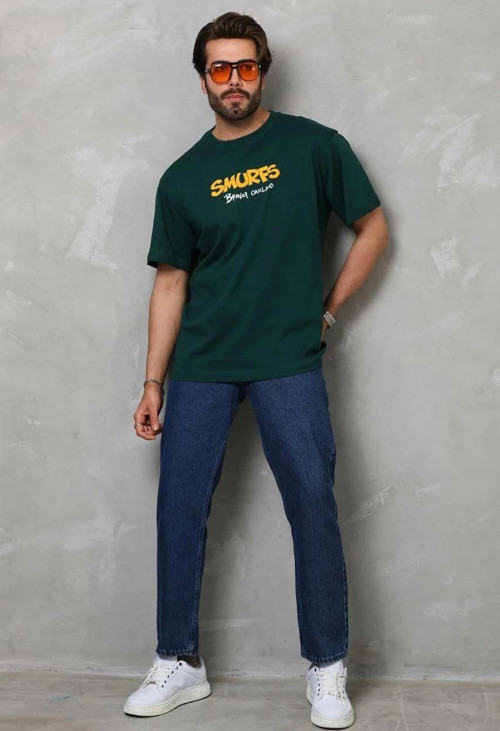 Unisex Basic Bisiklet Yaka Oversize T-Shirt - Yeşil