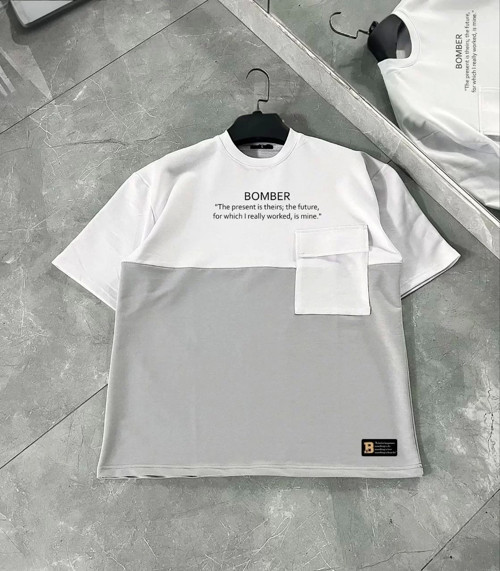 Unisex Torba Cep Detaylı Parçalı T-Shirt - Gri