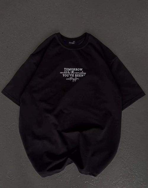 Unisex Bisiklet Yaka Baskılı Oversize T-Shirt - Siyah