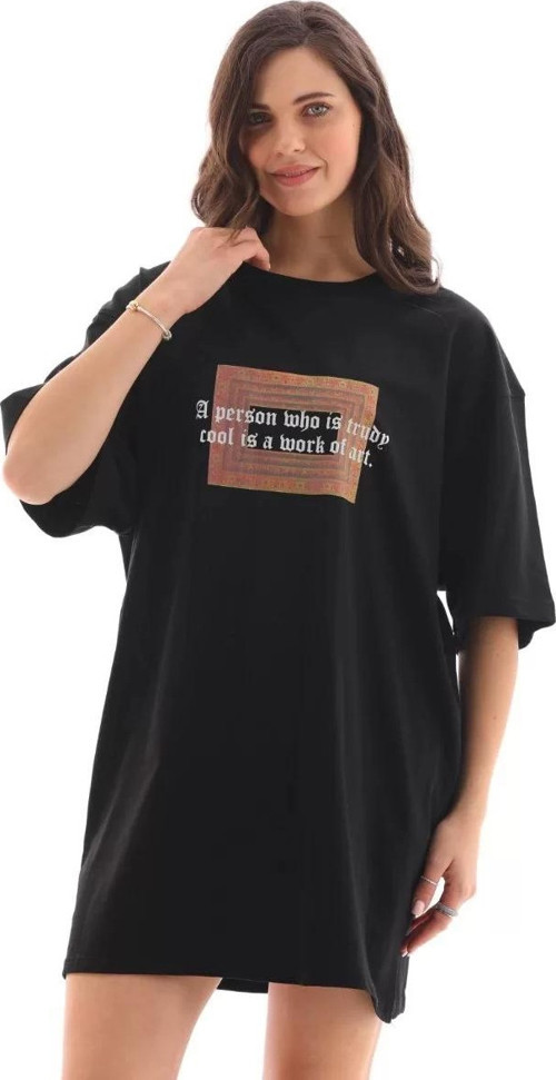 Unisex Bisiklet Yaka Baskılı Oversize T-Shirt - Siyah