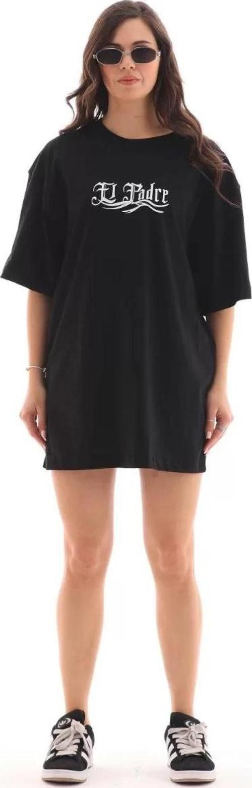 Unisex Bisiklet Yaka Baskılı Oversize T-Shirt - Siyah