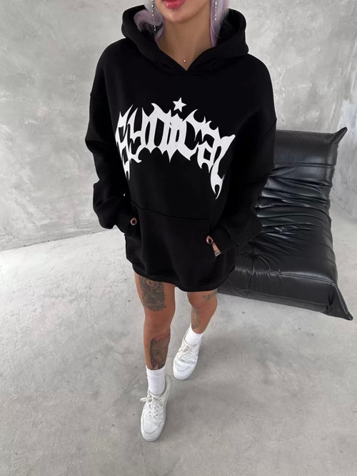 Unisex Üç İplik Kapüşonlu Baskılı SweatShirt - Siyah