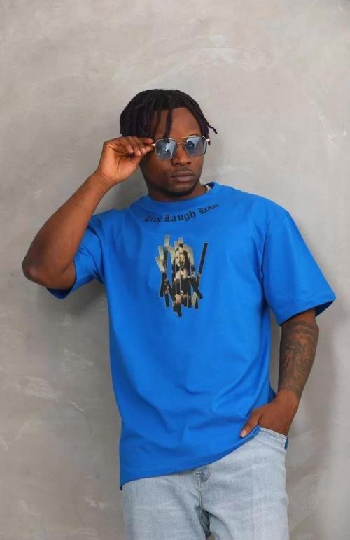 Unisex Oversize Baskılı Bisiklet Yaka T-Shirt - Mavi