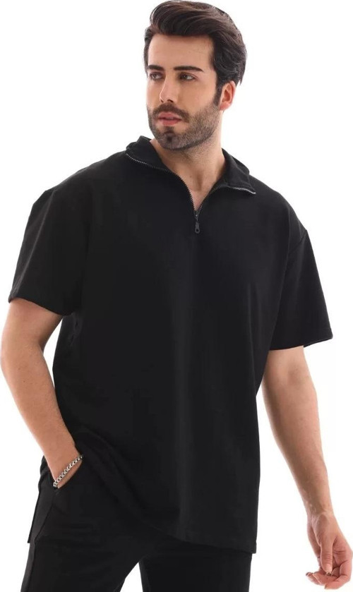 Unisex Yarım Fermuarlı Düz Oversize T-shirt - Siyah
