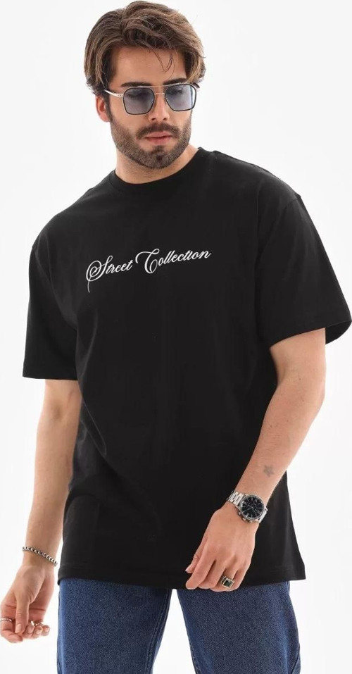 Unisex Bisiklet Yaka Baskılı Oversize T-Shirt - Siyah