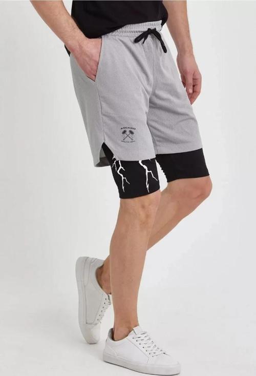 Unisex Baskılı İç Cepli Sporcu Alt Taytlı Şort - Gri