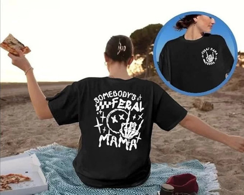 Kadın Bisiklet Yaka Baskılı T-shirt - Siyah