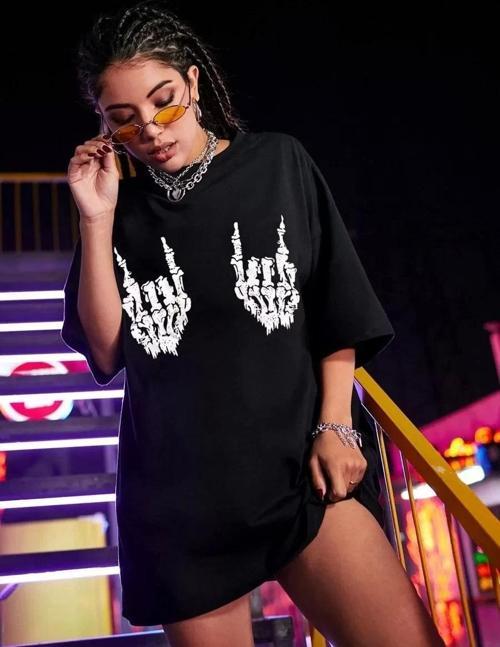 Kadın Baskılı Oversize T-shirt - Siyah