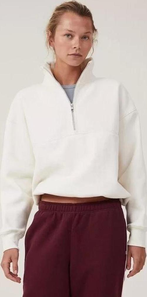 Oversize Yarım Farmuarlı Yakalı Basic SweatShirt - Beyaz