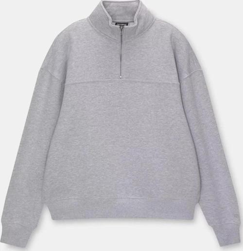 Oversize Yarım Farmuarlı Yakalı Basic SweatShirt - Gri