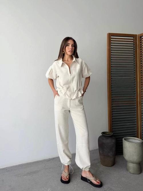 Keten Tam Fermuarlı Kısa kollu Gömlek Pantolon ikili Takım - Beyaz