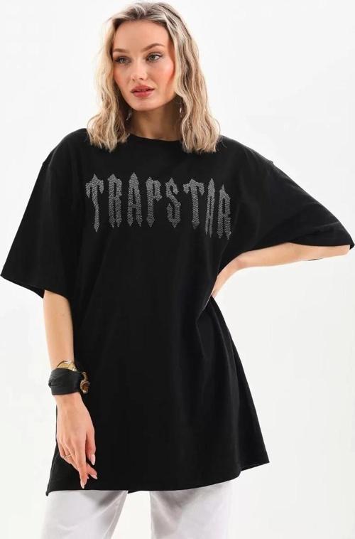 Unisex Taş Desenli Oversize T-Shirt - Siyah