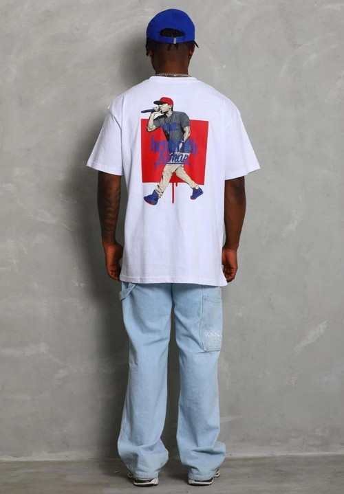Unisex Oversize Baskılı Bisiklet Yaka T-Shirt - Beyaz