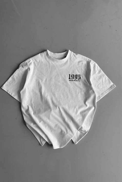 20/1 Penye Compack Baskılı Oversize Bisiklet Yaka Kısa Kol Yazlık T-shirt - Beyaz
