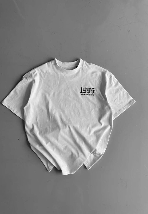 20/1 Penye Compack Baskılı Oversize Bisiklet Yaka Kısa Kol Yazlık T-shirt - Beyaz