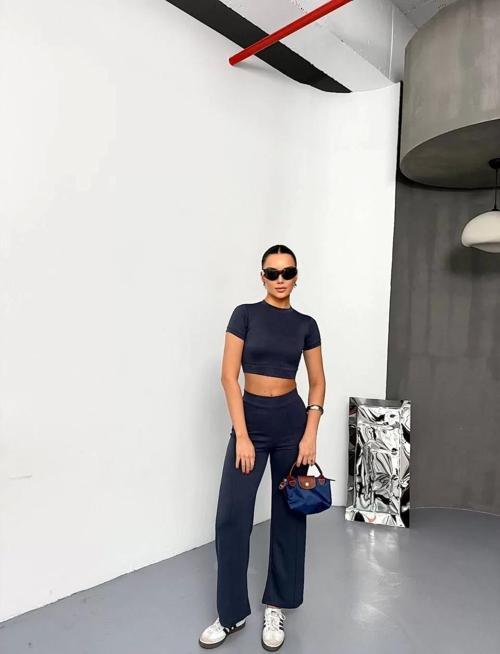 Osy Modal Yumuşak Dokulu Kumaş Kısa Kollu Crop Alt ispanyol Paça Pantalon ikili Takım - Füme