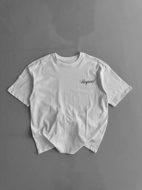 20/1 Penye Compack Baskılı Oversize Bisiklet Yaka Kısa Kol Yazlık T-shirt - Beyaz