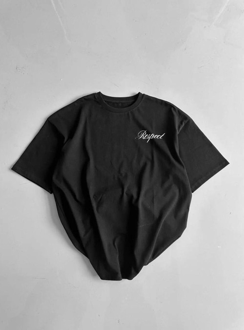 20/1 Penye Compack Baskılı Oversize Bisiklet Yaka Kısa Kol Yazlık T-shirt - Siyah