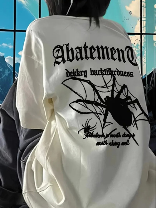 Örümcek Ağı Desenli Baskılı Oversize Bisiklet Yaka T-shirt - Beyaz