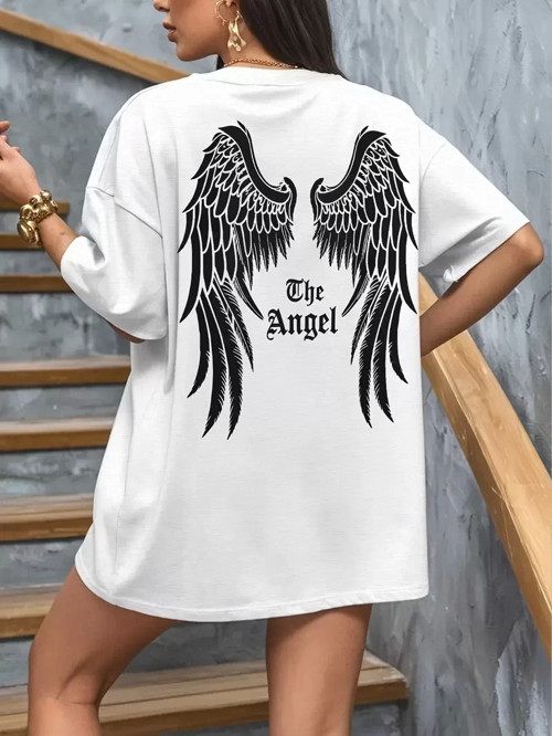 20/1 Penye Compack Dark Angel Baskılı Oversize Kısa Kol Yazlık T-shirt- Beyaz