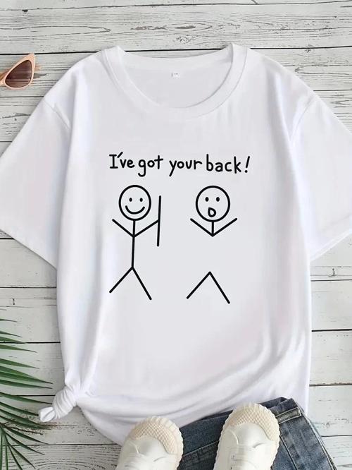 Kadın Beyaz "I've Got Your Back" Grafik Tişört - Eğlenceli Çubuk Tasarımlı Oversize Günlük Kısa Koll