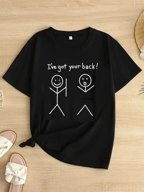 Kadın Beyaz "I've Got Your Back" Grafik Tişört - Eğlenceli Çubuk Tasarımlı Oversize Günlük Kısa Koll