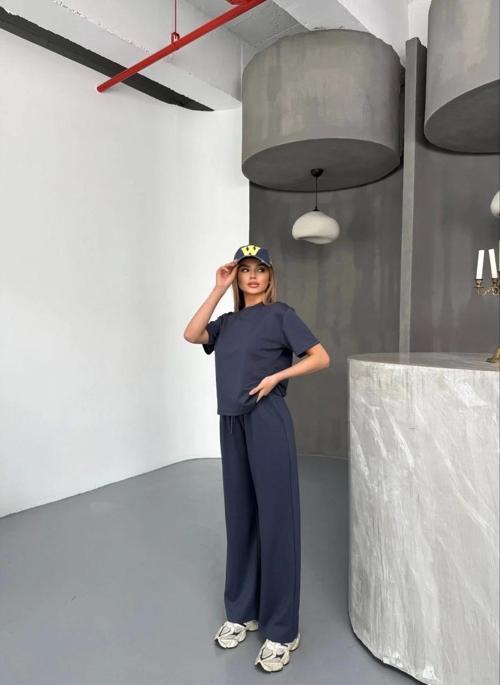 Osy Modal Yumuşak Dokulu Kumaş Kısa Kollu Bluz Rahat Pantalon ikili Takım- Füme