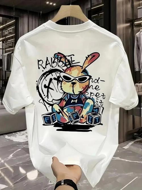 Güneş Gözlüğü Grafikli Karikatür Tavşan Oversize Kısa Kollu Tişört Çift Tişört, İlkbahar Ve Yaz - Be