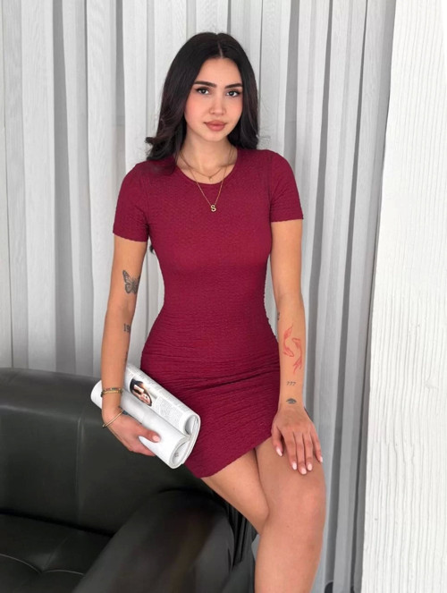 Kadın Bisiklet Yaka Kısa Kol Likralı Elbise - Bordo