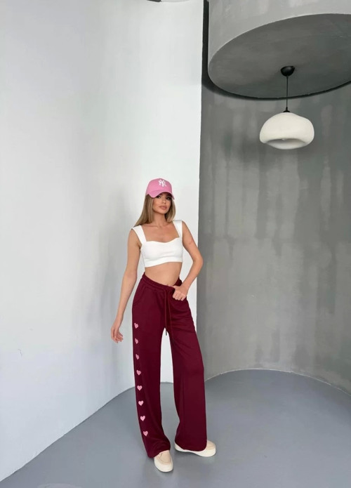 Osy Modal Yumuşak Dokulu Kumaş Nakış işlemeli Rahat Bol Paça Eşofman Pantalon - Bordo