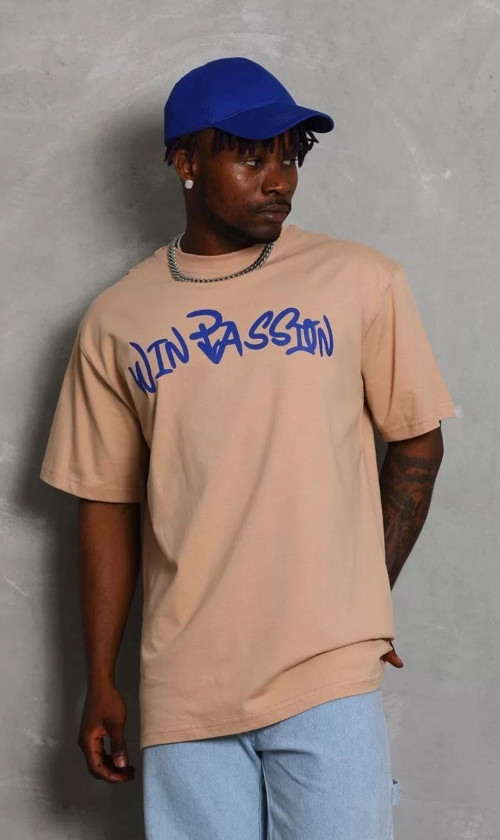 Unisex Oversize Baskılı Bisiklet Yaka T-Shirt - Bej