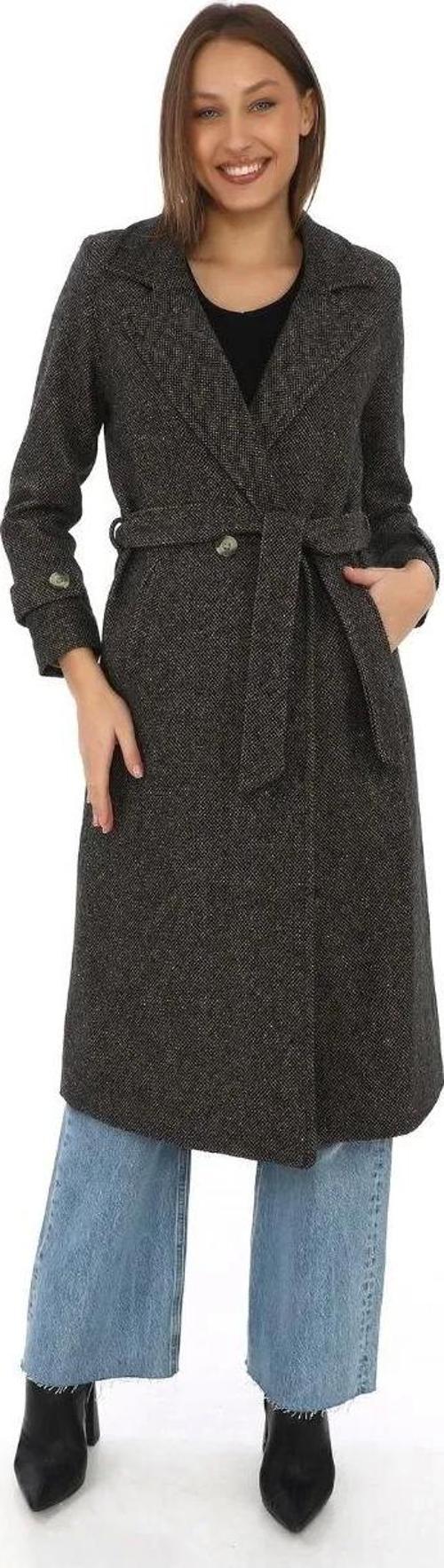 Kadın Astarlı Balık Sırtı Kaşmir Kaşe Kaban - Kahverengi