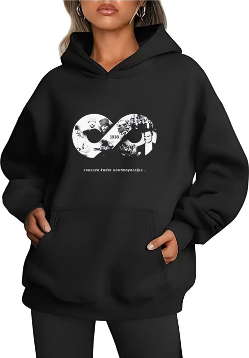 Üç İplik kapüşonlu 10 Kasıma Özel SweatShirt - Siyah