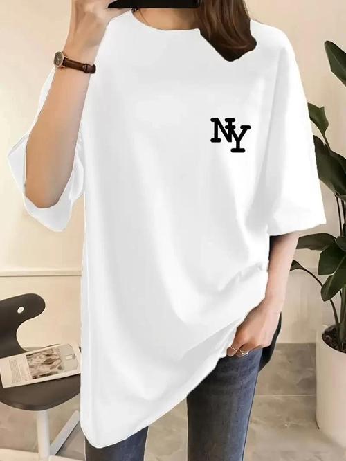 Kadın Eğlenceli Harf NY Baskılı Bisiklet Yaka Tişört - Rahat Polyester, Makinede Yıkanabilir - Yaz v