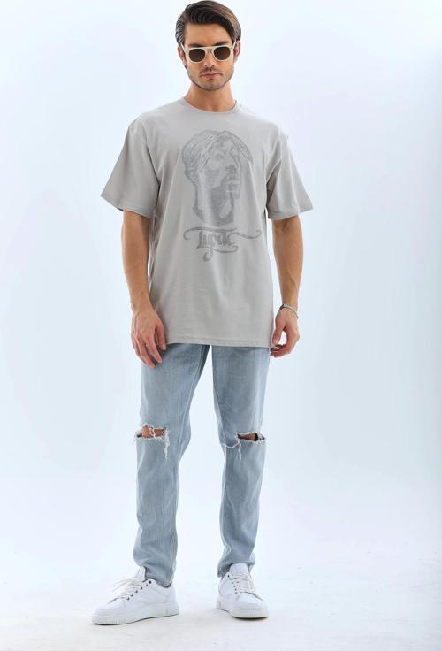 Unisex Oversize Taşlı Bisiklet Yaka T-Shirt - Gri