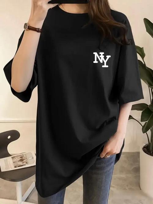 Kadın Eğlenceli Harf NY Baskılı Bisiklet Yaka Tişört - Rahat Polyester, Makinede Yıkanabilir - Yaz v