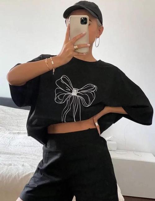 Kadın Baskılı Oversize T-shirt - Siyah